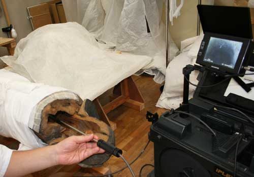 Examining a statue. Wherever possible and necessary, the statue is x-rayed and examined with a fiberscope to get an idea of its composition and determine whether there are any inscriptions or objects inside it.