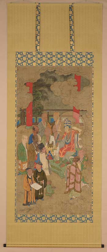 A restored image of the 500 Arhats (Gohyakku-rakan) attributed to Kitsusan Mincho (An important cultural property) paired with the 500 Arhats (Gohyakku-rakan) of Kano Takanobu. Pigments on silk. (Item 11 in the collection of Tofukuji temple)
