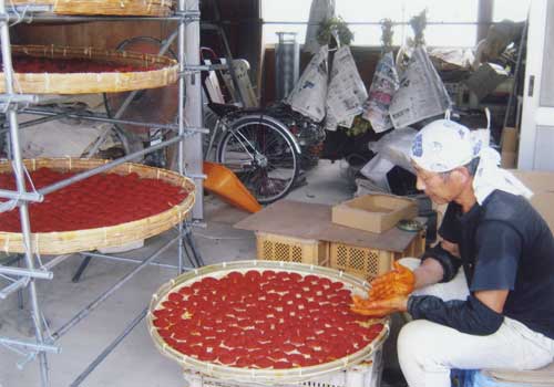 The dried, sticky petals are shaped into small circles (known as benimochi) resembling rice crackers